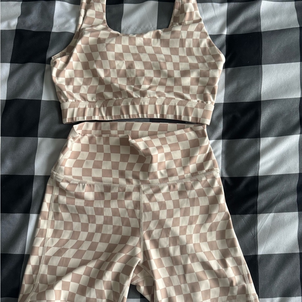 WILO Checkered Beige Sports Bra and Shorts Set